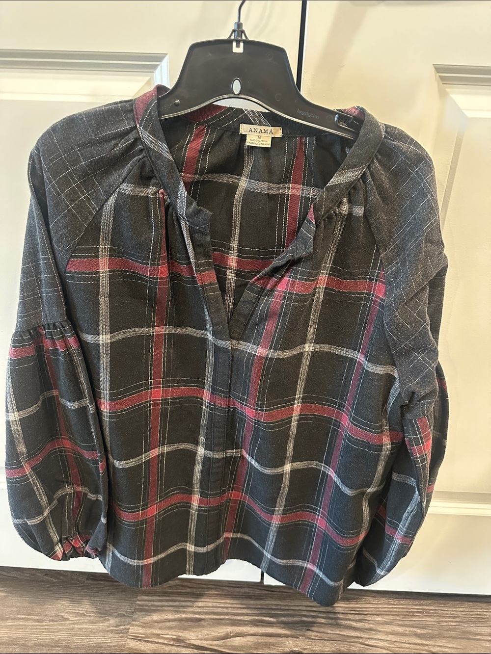 Anama Charcoal Plaid Blouse with Burgundy Stripes
